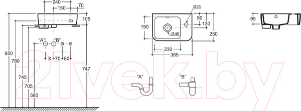 Изображение товара Умывальник Керамин Рукомойник Сквэа 36 (с отверстием и креплением)