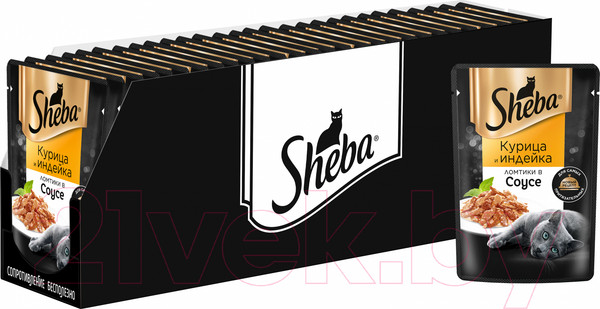 Изображение товара Влажный корм для кошек Sheba Ломтики в соусе. Курица и индейка (75г)