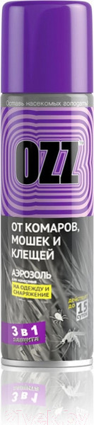 Изображение товара Аэрозоль от насекомых OZZ 3 в 1 от комаров, мошек и клещей (150мл)
