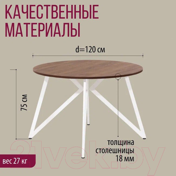 Изображение товара Обеденный стол Millwood Женева Л18 D120 (дуб табачный Craft/металл белый)