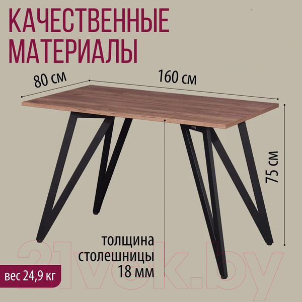 Изображение товара Обеденный стол Millwood Женева 2 Л18 160x80 (дуб табачный Craft/металл черный)