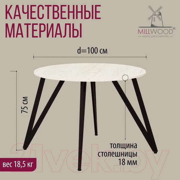 Изображение товара Обеденный стол Millwood Женева 2 Л18 D100 (дуб белый Craft/металл черный)