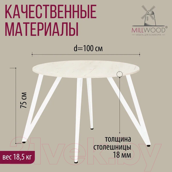 Изображение товара Обеденный стол Millwood Женева 2 Л18 D100 (дуб белый Craft/металл белый)