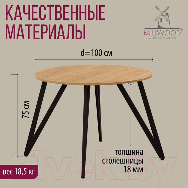 Изображение товара Обеденный стол Millwood Женева 2 Л18 D100 (дуб золотой Craft/металл черный)