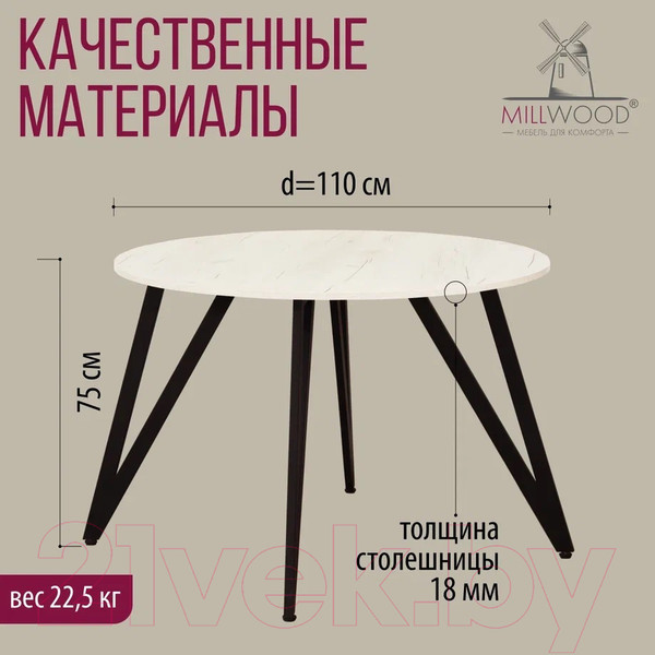 Изображение товара Обеденный стол Millwood Женева 2 Л18 D110 (дуб белый Craft/металл черный)
