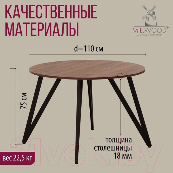 Изображение товара Обеденный стол Millwood Женева 2 Л18 D110 (дуб табачный Craft/металл черный)