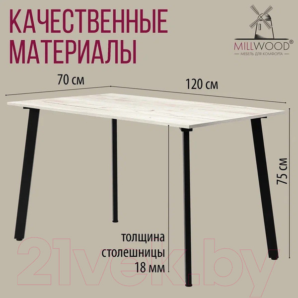 Изображение товара Обеденный стол Millwood Шанхай Л18 120x70 (дуб белый Craft/металл черный)