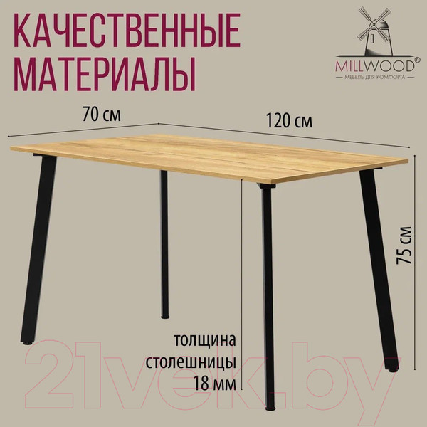 Изображение товара Обеденный стол Millwood Шанхай Л18 120x70 (дуб золотой Craft/металл черный)