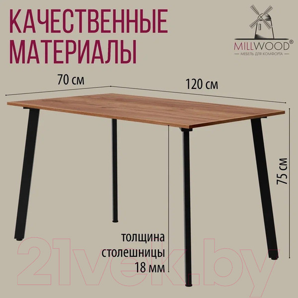 Изображение товара Обеденный стол Millwood Шанхай Л18 120x70 (дуб табачный Craft/металл черный)