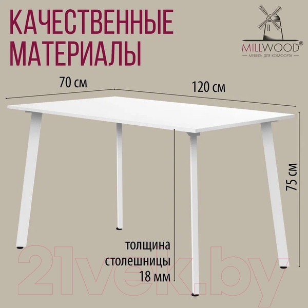 Изображение товара Обеденный стол Millwood Шанхай Л18 120x70 (белый/металл белый)