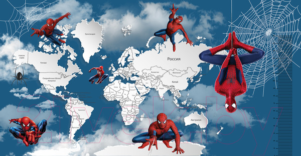 Изображение товара Фотообои листовые Citydecor Superhero Spiderman карта мира с ростомером 8 (500x260)