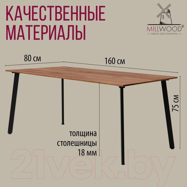 Изображение товара Обеденный стол Millwood Шанхай Л18 160x80 (дуб табачный Craft/металл черный)