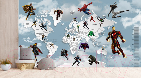 Изображение товара Фотообои листовые Citydecor Superhero карта мира с ростомером 5 (500x260)