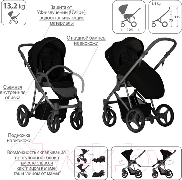 Изображение товара Детская универсальная коляска Bebetto Flavio 2 в 1 графитовая рама (10)