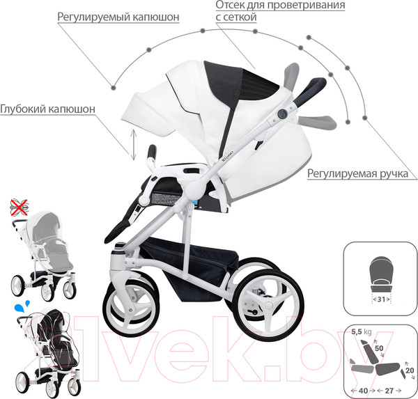 Изображение товара Детская универсальная коляска Bebetto Torino 2 в 1 белая рама (01)