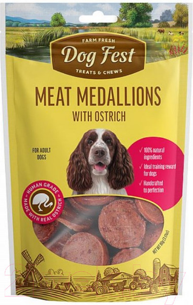 Изображение товара Лакомство для собак Dog Fest Нежные медальоны с мясом страуса (90г)