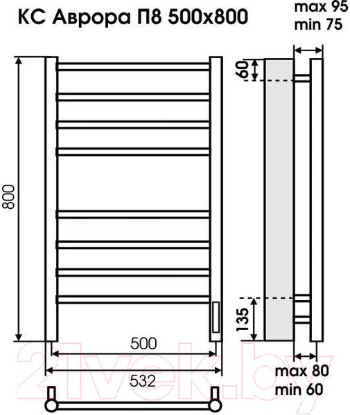 Изображение товара Полотенцесушитель электрический Terminus Аврора П8 500x800 (9005 матовый)