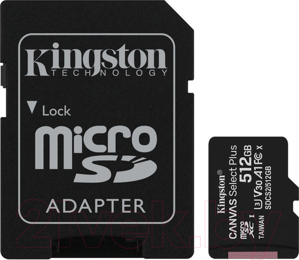 Изображение товара Карта памяти Kingston MicroSDXC Canvas Select Plus 100R Class 10 UHS-I U3 SDCS2/512GB (с адаптером )