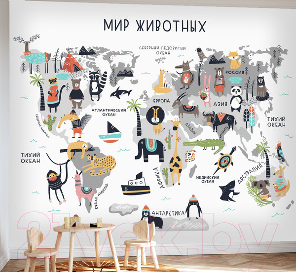 Изображение товара Фотообои листовые Vimala Карта мира животных (270x300)