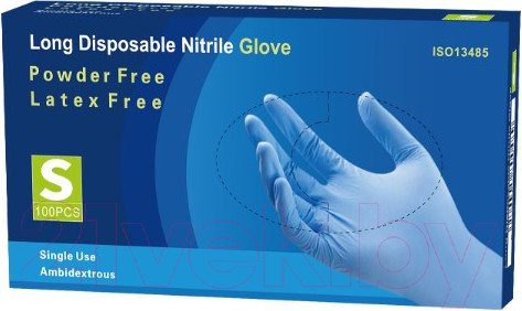 Изображение товара Перчатки одноразовые Nitrile Gloves Long NitrileExam усиленные с удлиненной манжетой (S, 100шт)