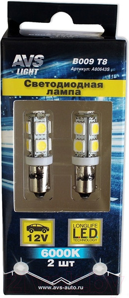 Изображение товара Комплект автомобильных ламп AVS B009 Т8 / A80643S (2шт, белый)
