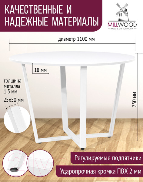 Изображение товара Обеденный стол Millwood Лофт Орлеан Л18 D110 (белый/металл белый)