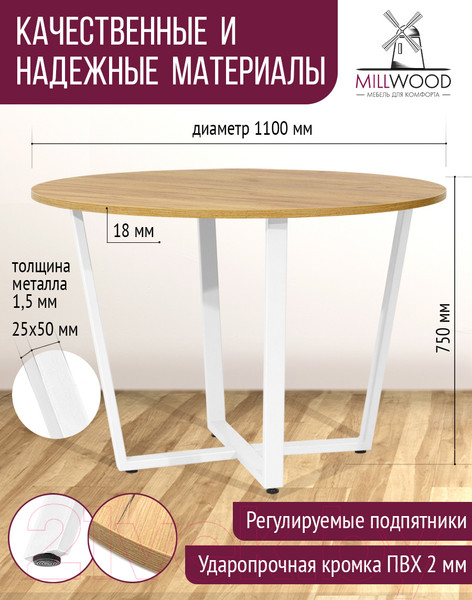 Изображение товара Обеденный стол Millwood Лофт Орлеан Л18 D110 (дуб золотой Craft/металл белый)