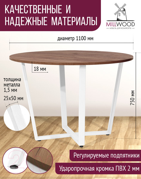 Изображение товара Обеденный стол Millwood Лофт Орлеан Л18 D110 (дуб табачный Craft/металл белый)