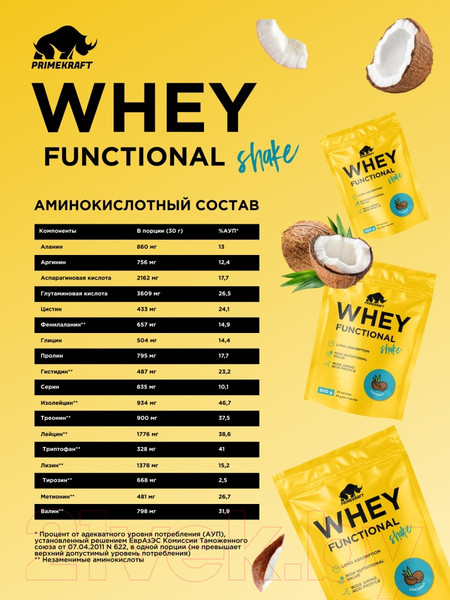 Изображение товара Протеин Prime Kraft Whey Functional Shake Кокос (900г)