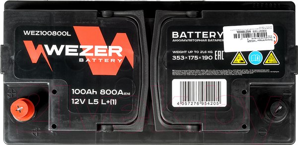 Изображение товара Автомобильный аккумулятор Wezer 800A L+ / WEZ100800L (100 А/ч)
