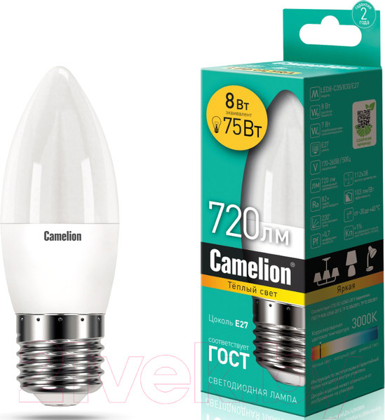 Изображение товара Лампа Camelion LED8-C35/830/E27 / 12389