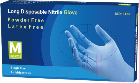 Изображение товара Перчатки одноразовые Nitrile Gloves Long NitrileExam усиленные с удлиненной манжетой (M, 100шт)
