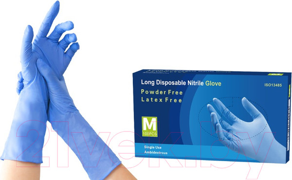 Изображение товара Перчатки одноразовые Nitrile Gloves Long NitrileExam усиленные с удлиненной манжетой (M, 100шт)