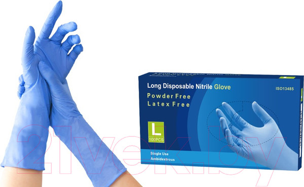 Изображение товара Перчатки одноразовые Nitrile Gloves Long NitrileExam усиленные с удлиненной манжетой (L, 100шт)