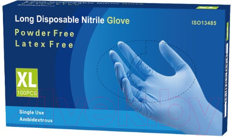 Изображение товара Перчатки одноразовые Nitrile Gloves Long NitrileExam усиленные с удлиненной манжетой (XL, 100шт)