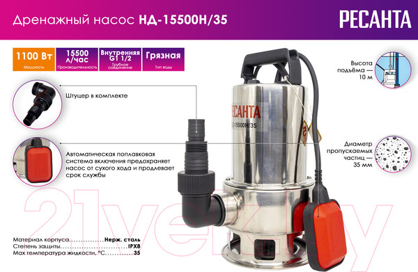 Изображение товара Дренажный насос Ресанта НД-15500Н/35 (77/2/2)