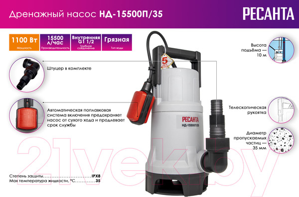 Изображение товара Дренажный насос Ресанта НД-15500П/35 (77/2/6)