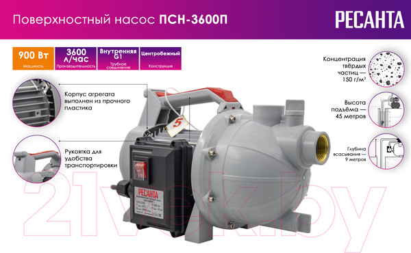 Изображение товара Поверхностный насос Ресанта ПСН-3600П (77/4/4)