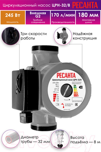 Изображение товара Циркуляционный насос Ресанта ЦРН-32/8 (77/7/5)