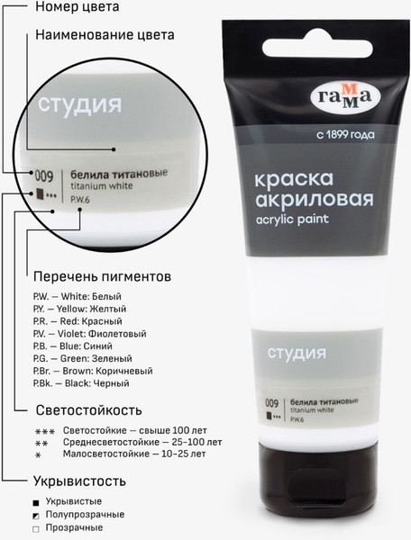 Изображение товара Акриловая краска ГАММА Студия 009 / 280220009 (белила титановые)