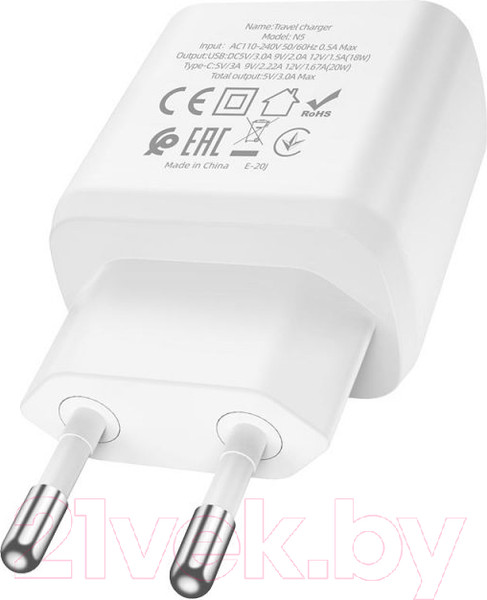 Изображение товара Адаптер питания сетевой Hoco N5 (белый)