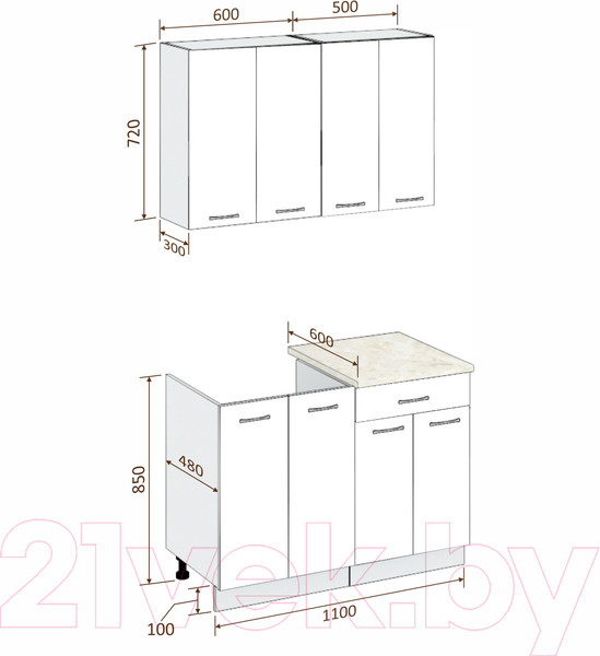 Изображение товара Кухонный гарнитур Кортекс-мебель Корнелия Лира-лайт 1.1м (капучино/оникс/дуб бунратти)