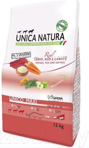 Изображение товара Сухой корм для собак Unica Natura Maxi олень, рис, морковь (12кг)