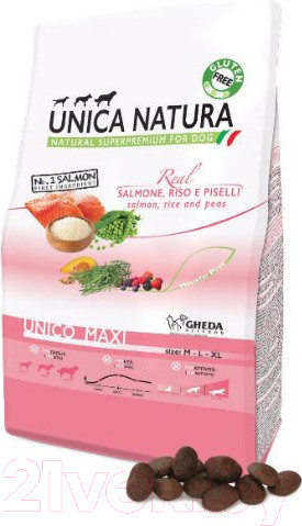 Изображение товара Сухой корм для собак Unica Natura Maxi лосось, рис, горох (12кг)