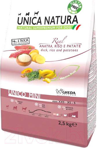 Изображение товара Сухой корм для собак Unica Natura Mini утка, рис, картофель (2.5кг)