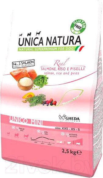 Изображение товара Сухой корм для собак Unica Natura Mini лосось, рис, горох (2.5кг)
