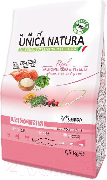 Изображение товара Сухой корм для собак Unica Natura Mini лосось, рис, горох (7.5кг)