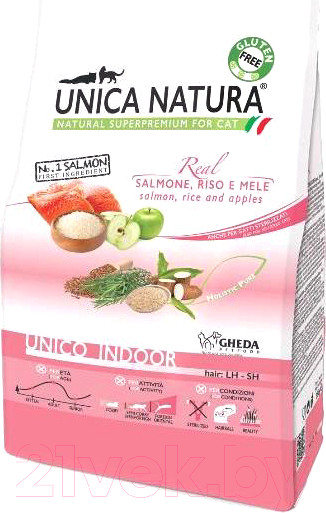 Изображение товара Сухой корм для кошек Unica Natura Indoor лосось, рис, яблоко (1.5кг)
