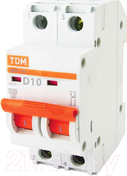Изображение товара Выключатель автоматический TDM ВА 47-29 2Р 10А (D) 4.5кА / SQ0206-0155