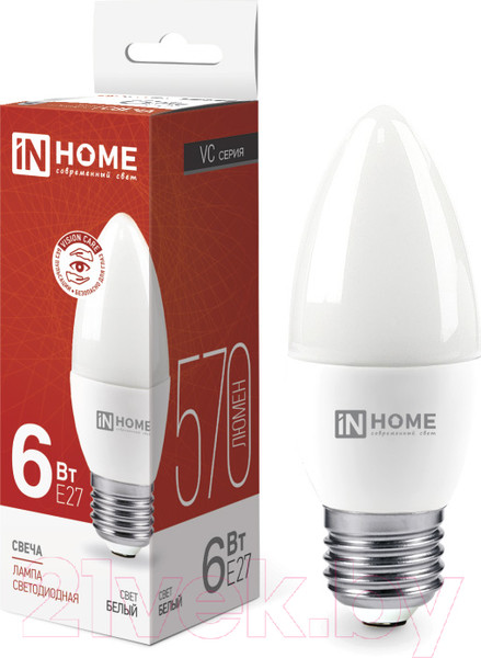 Изображение товара Лампа INhome LED-Свеча-VC 6Вт 230В Е27 4000К 570Лм / 4690612020419